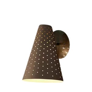 May include: A brown wall sconce with a conical shade dotted with small white circles. The sconce has a circular mounting plate and is designed for wall installation. The shade is approximately 8 inches tall.