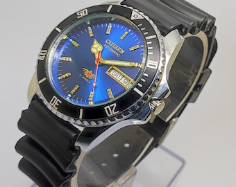 Reloj de buceo automático Citizen reacondicionado para hombre, 21 rubíes, esfera azul, bisel negro, 36 mm
