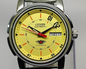 Orologio da uomo Citizen automatico ricondizionato con quadrante giallo Day-Date, meccanico vintage da 36 mm