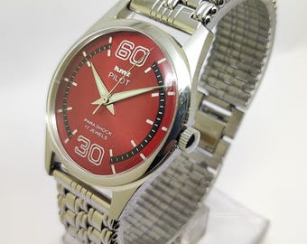 Refurbished HMT Pilot Mechanical Men’s Watch Red Dial 17 Jewels Hand-Wind Vintage 36mm