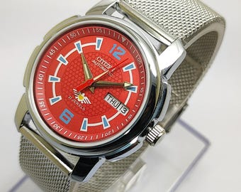Orologio da uomo Citizen automatico ricondizionato con quadrante rosso, 21 rubini, meccanico vintage, cinturino in maglia metallica da 36 mm