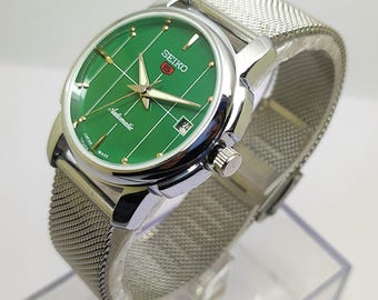 Generalüberholte Seiko 5 Automatik Herrenarmbanduhr smaragdgrünes Zifferblatt japanisch Vintage 36 mm