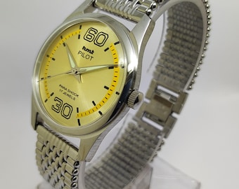 Refurbished HMT Pilot Mechanische Herrenuhr Goldgelbes Zifferblatt 17 Jewels 36 mm Vintage Timepiece