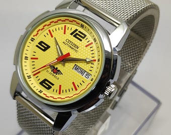 Refurbished Citizen Automatic Men’s Watch Yellow Dial 21 Jewels Vintage Mechanical 36mm Mesh Strap