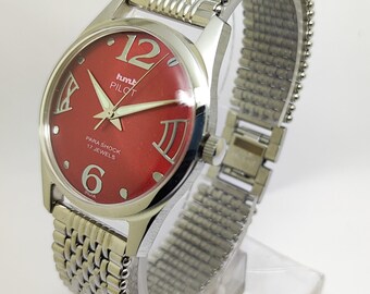 Refurbished HMT Pilot Red Dial Mechanical Watch 17 Jewels Hand-Wind Vintage 36mm Men’s Wristwatch