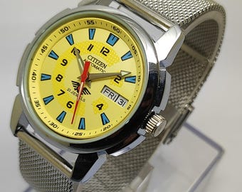 Refurbished Citizen Automatic Men’s Watch Yellow Dial 21 Jewels Vintage Mechanical 36mm Mesh Strap