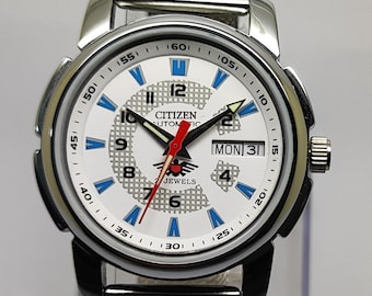 Orologio da uomo Citizen automatico ricondizionato con quadrante bianco, 21 rubini, meccanico vintage, cinturino in maglia milanese da 36 mm