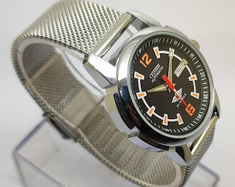 Orologio da uomo Citizen automatico ricondizionato con quadrante nero, 21 rubini, meccanico vintage, cinturino in maglia metallica da 36 mm