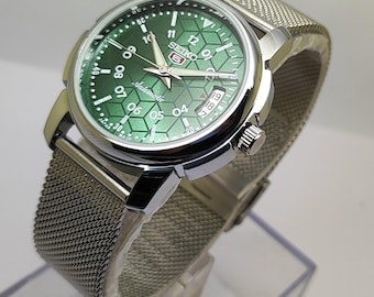 Reloj Seiko 5 automático para hombre reacondicionado con esfera de panal verde, mecánico japonés, 36 mm, 18 mm