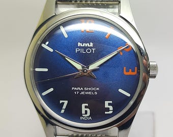 Refurbished HMT Pilot Mechanical Men’s Wrist Watch 17 Jewels Blue Dial Vintage Hand-Winding Watch