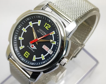 Orologio da uomo Citizen automatico ricondizionato con quadrante nero, 21 rubini, meccanico vintage, cinturino in maglia metallica da 36 mm