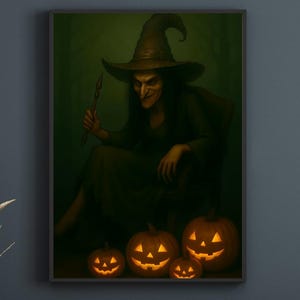 Spooky Witch Halloween Poster – Dark Art with Pumpkins & Magic Wand