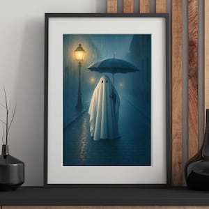 Rainy Night Ghost Print: Whimsical Halloween Street Scene (Digital Download A3 A4 A5)