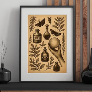 Vintage Apothecary Poster: Mystical Moths, Elixir Bottles (Digital Download A3 A4 A5)