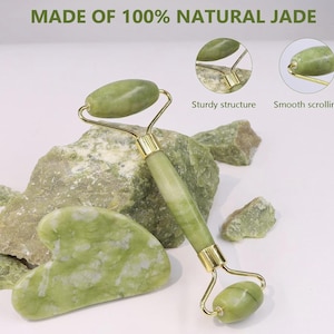100% Natural Jade Roller and Gua Sha Set | Authentic Green Jade Stone Face Massager | Skin Care, Anti-Aging, Relaxation Tool