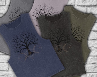 Bohemian Tree Tank Top: Unisex Celestial Moon, Stone-Washed Cotton