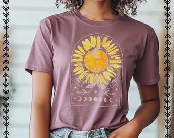 Boho Sun and Moon Phases Shirt: Celestial Graphic Tee