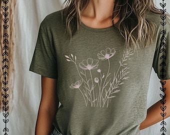 Wildflower Line Art T-Shirt: Minimalist Floral Tee - Bella Canvas 3001