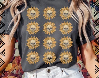 Sunflower Skull Halloween T-Shirt: Gothic Floral Graphic Tee
