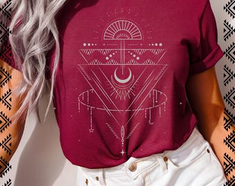 Boho Celestial Graphic Tee: Moon & Stars Sacred Geometry Shirt