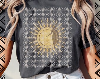 Tribal Sunburst Goddess Graphic Tee: Boho Aztec Design