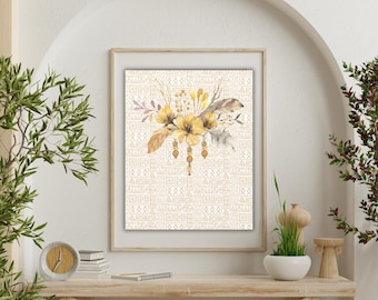 Boho Floral Canvas Wall Art: Neutral Beige & Mustard Botanical Print
