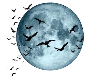Celestial Moon & Birds Print: Boho Meditation Wall Art (Digital Download)