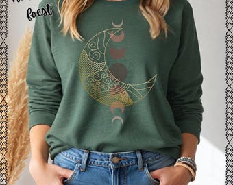 Boho Moon Phase Long Sleeve Shirt | Celestial Crescent Moon Tee | Spiritual Astrology Apparel