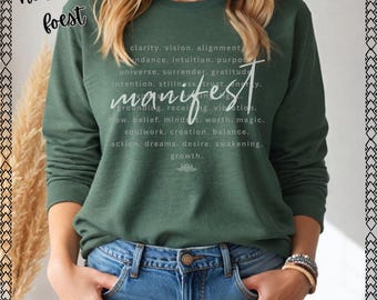 Manifest Word Cloud Long Sleeve Tee | Spiritual Affirmation Typography Top