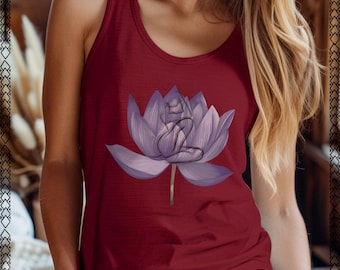 May include: Burgundy tank top featuring a large, light purple lotus flower with a black line drawing of a person in a yoga pose. The flower has a long brown stem. The top is sleeveless and made of a soft material.