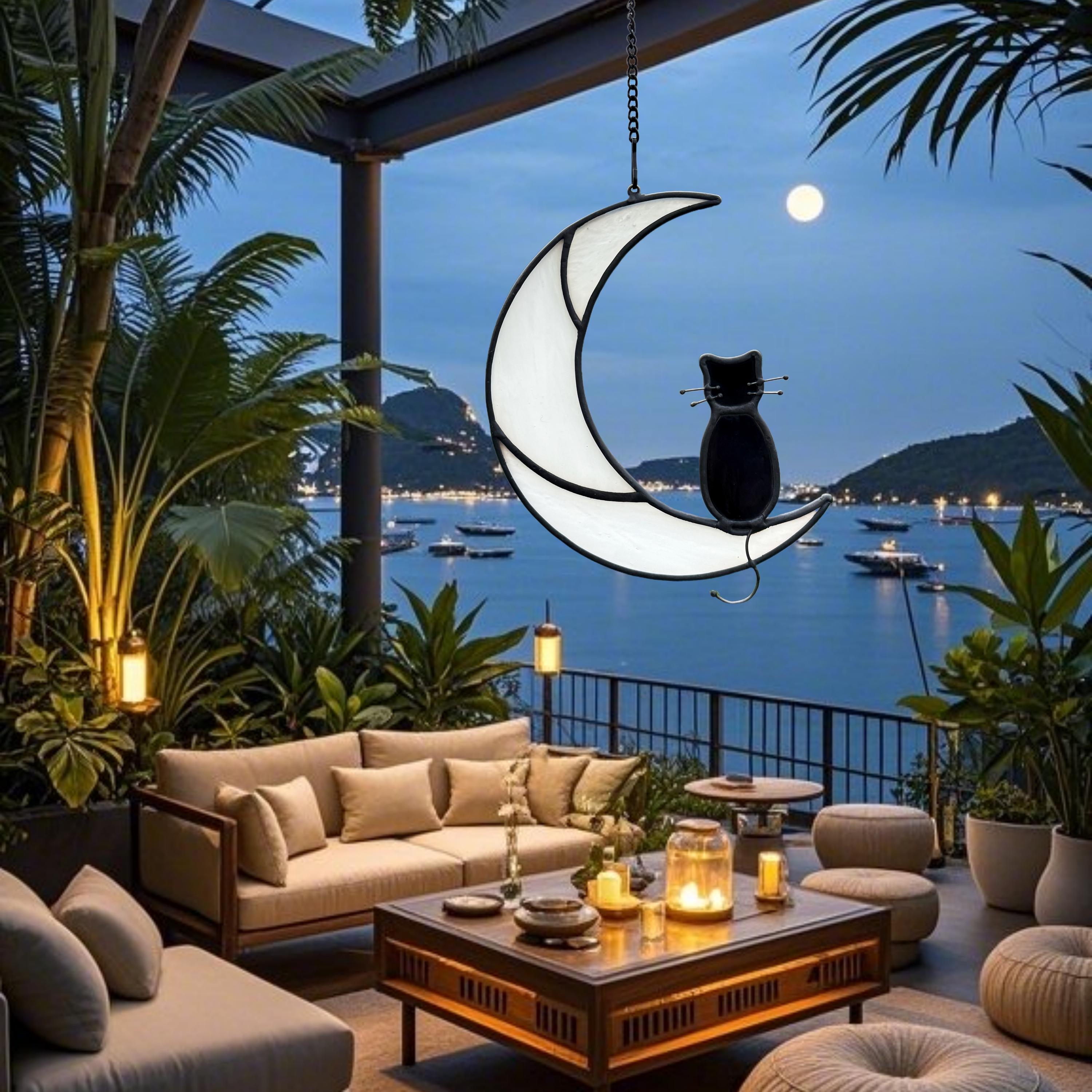 黒猫 ステンドグラス ウィンドウ吊り下げ、7.87インチ ステンドグラス