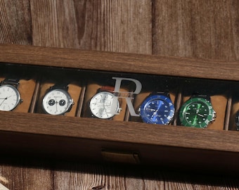 Caja de reloj personalizada, estuche de cuero sintético con ranuras de 3/6, regalo para padrinos de boda, grabado personalizado, regalo para él, esposo, papá, novio - Textura de madera