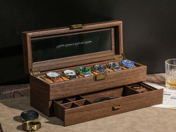 6-Slot Leather Watch Box for Men- 2 Layers with Drawer,Grain Leather watch box,Anniversary for Him,Custom Christmas Gift, Watch Storage,