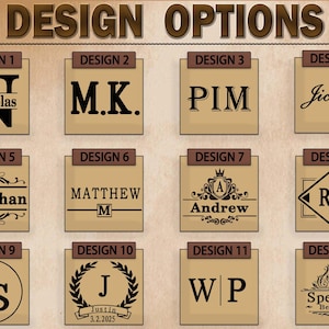 May include: Image showcasing 12 design options for personalized items. Each design is presented on a tan background with dark brown text. Designs include initials, names, and dates, with various fonts and decorative elements. The text "DESIGN OPTIONS" is at the top.