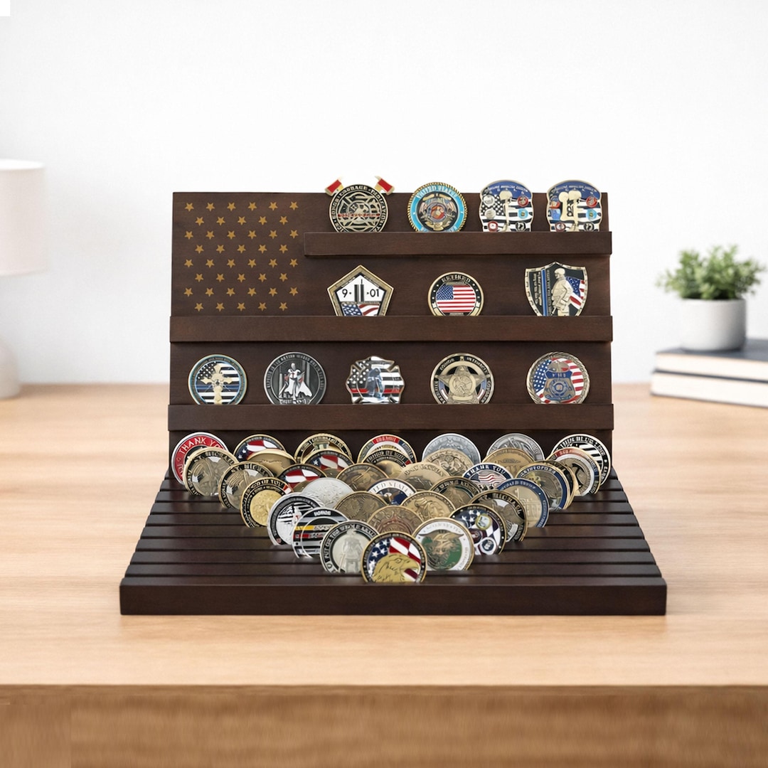 Large American Flag Challenge Coin Display Rack, Wooden Military Coin ...