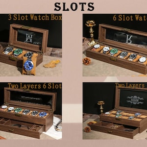 May include: Wooden watch boxes with various slot configurations are displayed. The image shows a 3-slot box, a 6-slot box, a two-layer 6-slot box, and a two-layer 12-slot box. Each box has a glass top and is filled with watches.