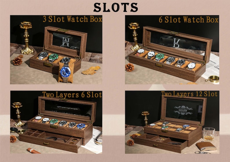 May include: Wooden watch boxes with various slot configurations are displayed. The image shows a 3-slot box, a 6-slot box, a two-layer 6-slot box, and a two-layer 12-slot box. Each box has a glass top and is filled with watches.