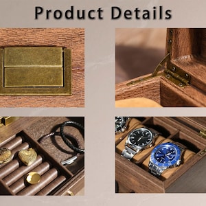 May include: Product details of a wooden watch box with brass hardware. The box is open, revealing compartments for watches, jewelry, and other accessories. The box has a rich, dark wood grain finish and brass hinges.