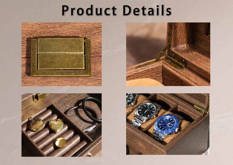 May include: Product details of a wooden watch box with brass hardware. The box is open, revealing compartments for watches, jewelry, and other accessories. The box has a rich, dark wood grain finish and brass hinges.
