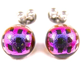 Dichroic Glass Post Earrings Tiny - Pink Fuchsia Polka Dot Weave Patterned Chocolate Brown Fused Stained Glass - Dicro Studs Stud - 1/4" 8mm