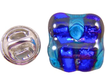 Épingle à cravate en verre dichroïque - 12 mm (1/2 po) - Bleu saphir, cobalt, aigue-marine, turquoise, rayures, verre fusionné transparent à plusieurs couches, effet goutte d'eau