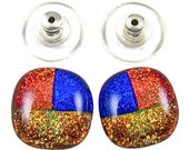 Dichroic Fused Glass Post Earrings - Blue Cobalt Orange Copper Yellow Gold Golden Bright Patchwork Patterned - 1 2 quot 12mm Posts or Clip-ons