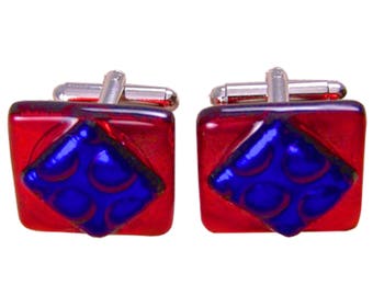 Dichroic Glass Cuff Links - Red & Blue Patriotic American Polka Dots Square Fused Glass Cufflinks - 20mm 3/4" - Crimson Cobalt Stained Glass
