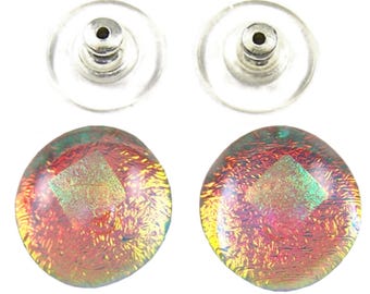 Boucles d'oreilles sur tige en verre dichroïque - 1/2" 12 mm - Cuivre orange pêche fluo glacé avec point vert - Opale transparente phosphorescente - Tiges chirurgicales ou à clipser