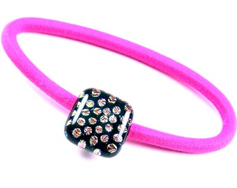 Dichroic Glass Ponytail Elastic Rubber Band - Neon Pink Magenta Polka Dot Patterned Square - 1/2" 12mm - Small Elastic Band Hair Rubberband