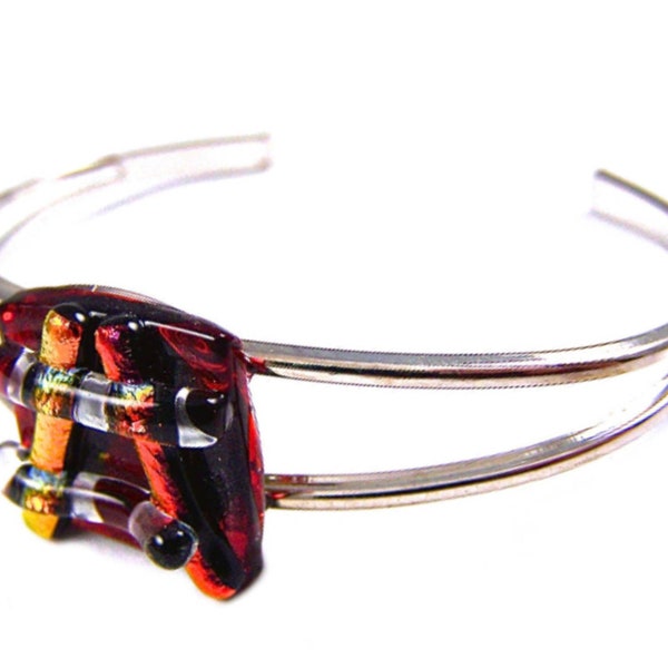 Dichroic Glass Bracelet Cuff - Ruby Red Stained Glass with Orange & Rust Dichro Chunky Stripes Striped Highlights Fused Glass - 1/2" 15mm