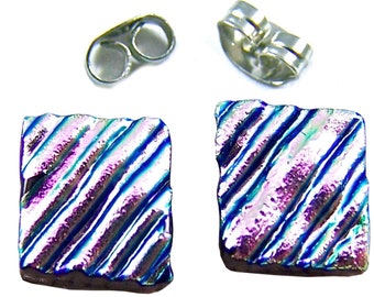Dichroic Glass Stud Earrings - 1/4" 8mm - Soft Pastel Pink Rose Striped Waves Ripples Fused Glass Studs Surgical Steel Tiny Post Earrings
