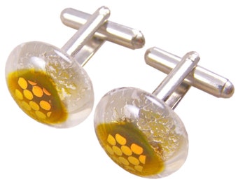 Boutons de manchette Verre dichroïque - Or jaune ambré sur vitrail transparent à motifs - 5/8" 16 mm - Verre fusionné Tenue de soirée pour homme