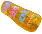 Dichroic Glass Pin - Small 15mm x 40mm Amber Stained Glass Fused with Pink Green Blue Peach Transparent Kaleidoscope Patterns Abstract Shape