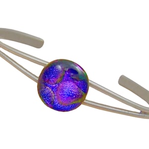 Dichroic Glass Cuff Bracelet - 1/2" 12mm - Purple Violet Amethyst Radium Bubbles Textured Dots Round Fused Glass on Silver Plated Wire Cuff
